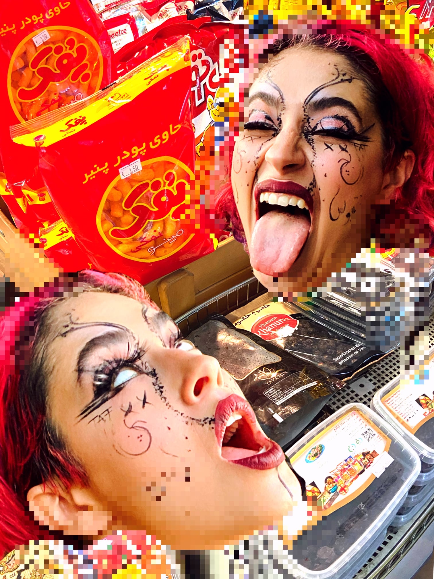 Two fictional faces with makeup and pink hair are visible in the top right and bottom left of the image. The person above is squinting their eyes and sticking out a long tongue. The bottom person has their mouth open and is looking up. In the background are Iranian sweets.