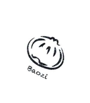 Eine Zeichnung von einer gedämpften Teigtasche, darunter steht die Aufschrift "Baozi".
