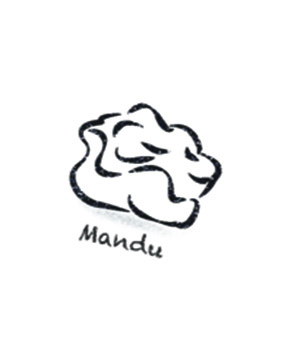 Eine Zeichnung von einer Teigtasche, darunter steht die Aufschrift "Mandu".