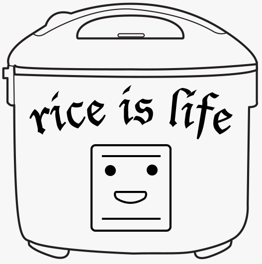 Eine Illustration von einem Reiskocher mit einem Smiley. Auf dem Reiskocher steht: Rice is Life (übersetzt: Reis ist Leben).