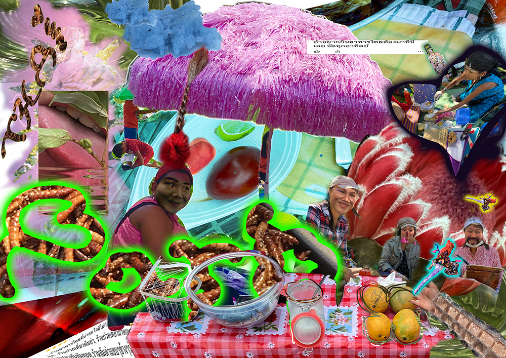 Five people are sitting at the market with umbrellas and colorful checkered tablecloths. Various fruits and vegetables and plastic bowls are displayed. There is an image detail where someone is sticking out their tongue. In neon green and brown lettering below it says “pig”.